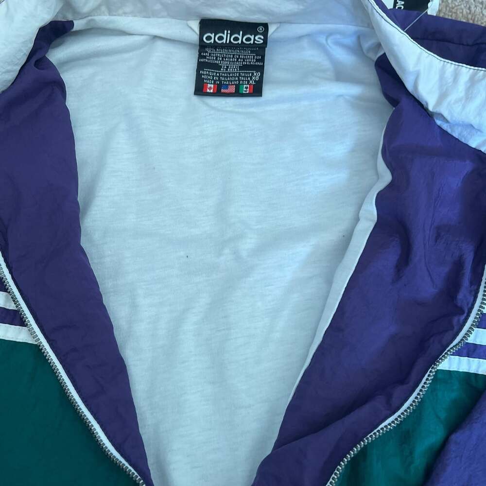 Vintage 90s Adidas Color Block Nylon Full Zip Track Jacket Purple Green XL - Picture 3 of 7